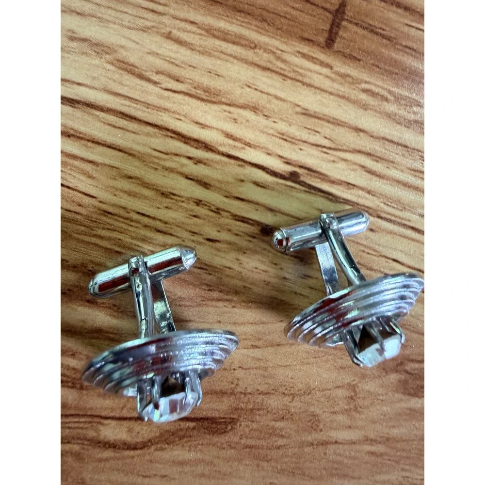 Swank Vintage Silver Tone Concentric Circle Crystal Cufflinks OS - Unsigned
